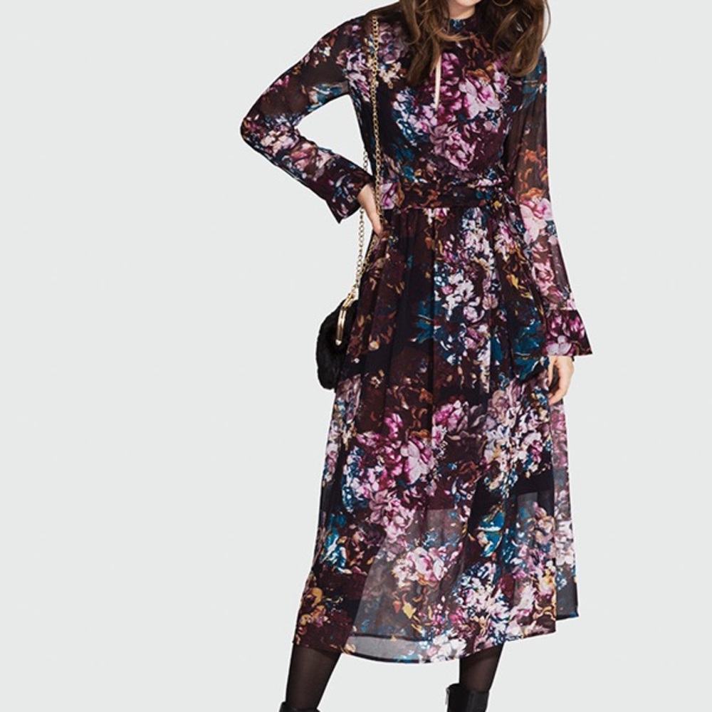 Who What Wear Black & Burgundy Dark Floral Printed Long Sleeve Midi Dress L - Picture 4 of 12